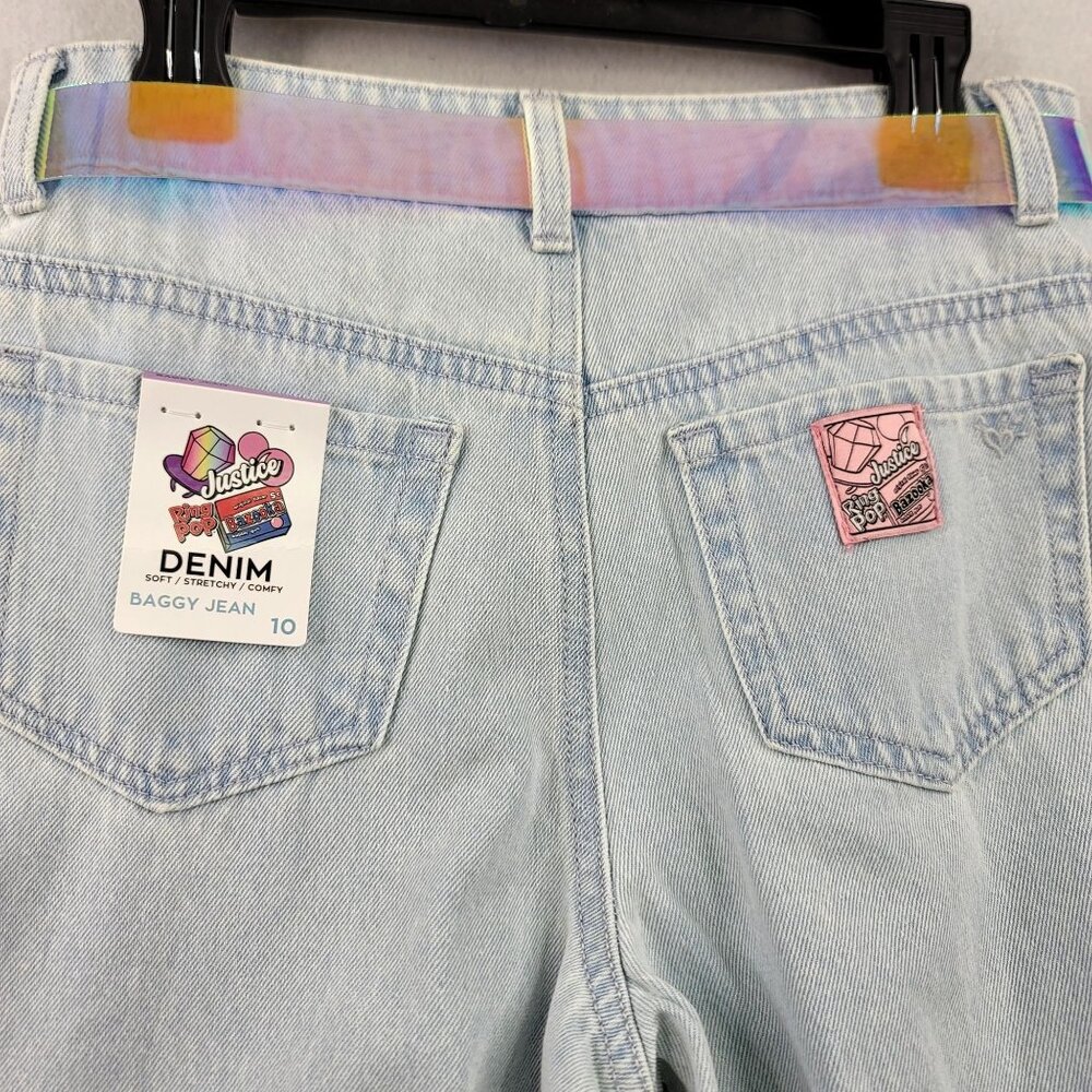 Justice Girls Bazooka Ring Pop Graphic Baggy Jeans Holographic Belt Size 10 NEW - Picture 6 of 9